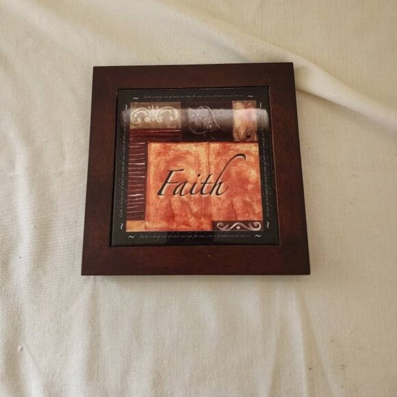 8" Square Faith Ceramic Tile Wall Plaque Brown Wood Frame Warm Colors - Picture 6 of 10